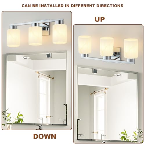 Image of 3-Light Bathroom Light Fixtures, Modern Vanity Lights, Chrome Metal Wall Lamp with White Marble Glass for Bathroom, Mirror, Living Room, Bedroom, Cabinet, Porch, Hallway, E26 Base