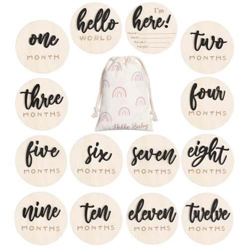Image of Burbell 7 Pack 3D Baby Monthly Milestone Card Signs Baby Announcement Sign Double Sided Hello World Newborn Signs Wooden Circles Discs for Welcome Newborn Boy Girl Photo Props(Black,Letter)