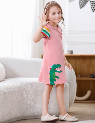 Image of Hongshilian Little Girls Cotton Casual Dress Cartoon Print T-Shirt Short Sleeve Skirt Dresses