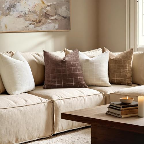 Image of MIULEE Reddish Brown Plaid Fall Decor Throw Pillow Covers 24x24 Set of 2 | Vintage Check Chenille Couch Pillows Boho Farmhouse Cushion Covers Modern Fall Home Decor for Sofa Bed Living Room