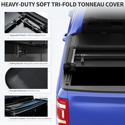 Image of oEdRo Soft Tri-fold Truck Bed Tonneau Cover Compatible with 2005-2015 Toyota Tacoma with 5ft Bed, Fleetside with Track Rail System