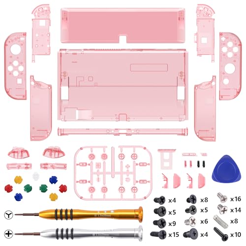 Image of eXtremeRate DIY Full Set Shell Buttons for Nintendo Switch OLED, Crystal Cherry Pink Replacement Back Plate & Kickstand Custom Case Housing for Nintendo Switch OLED JoyCon - No Controller