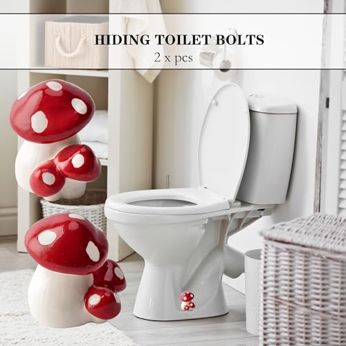 Image of ZUNON Toilet Bolt Caps, Toilet Bolt Covers Decorative, Ceramic Cute Mushroom Decor Covers Toilet Screw Covers Bolts Bathroom Decor Easy Installation Set of 2 (Red Mushroom 2PCS)