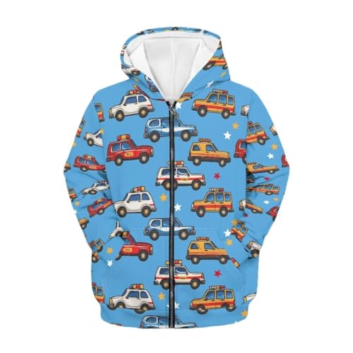 QWEFVB Sudaderas con capucha y cremallera para niñas de 6 a 16 años, con estampado de calavera multicolor en 3D, ropa gráfica con bolsillos, Blue Cars, M