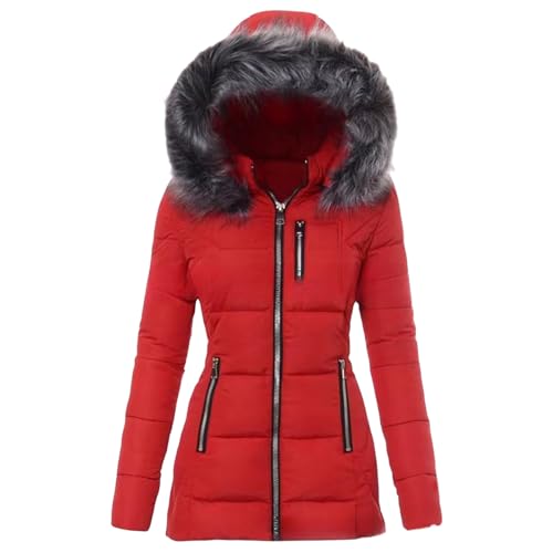 Baimiu Down Coats for Women with Hood Thicken Warm Puffer Jacket with Faux Fur Hood Heavyweight Jackets Winter Coat Pockets Red