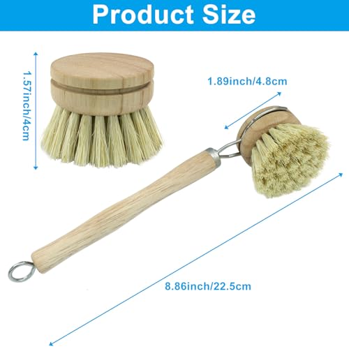 Image of 8Pcs Wooden Dish Brush Set, Sisal | 8Pcs Bamboo Scrub Brush Replacement Heads, 1 Handle, For Kitchen Pots and Pans Cleaning Supplies