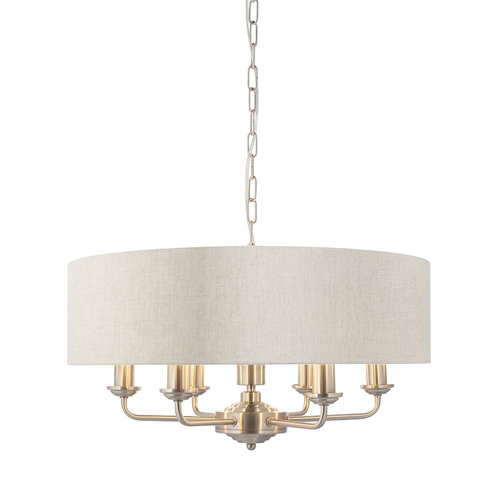 Endon 94357 Classic Modern Highclere 6 Light 40W E14 LED Height Adjustable Pendant Ceiling Light in Brushed Chrome Plated Finish & Natural Linen Fabric Shade