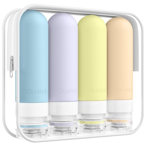 Image of Quatish Travel Bottles for Toiletries, Original Patented Leak Proof Travel Size Containers, 3 oz Tsa Approved Silicone Shampoo and Conditioner Bottles, 4 Pack, Red Rock,Butter Cream
