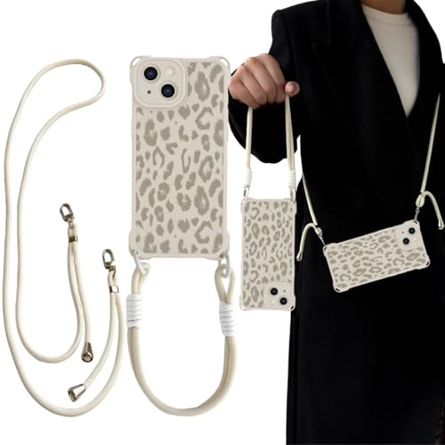 Tedyhulle Handykette für iPhone 13 Hülle mit Band Necklace Handyhülle Aesthetic Leopard Muster Dünn Weich TPU Bumper Silikon Case Cover Schutzhülle mit Verstellbarem und Demontage Halskette Beige