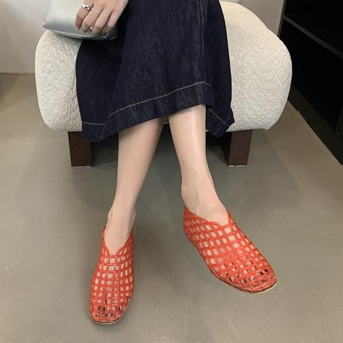 Image of Jelly Mesh Ballet Flats for Women Clear Hollow Jelly Shoes Sandals Round Toe Non-Slip Beach Ballerina Jellies Flats Shoes