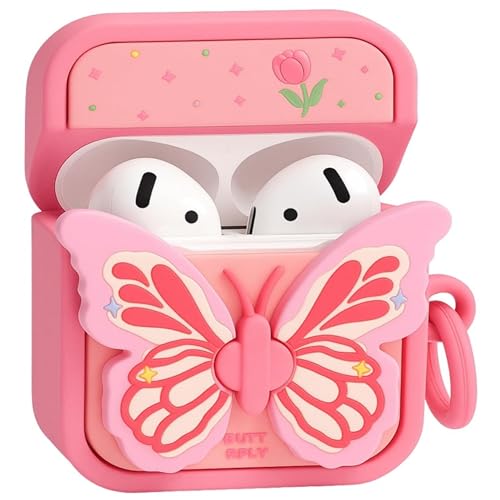 Image of Emoh Roced Case for AirPodS 4 (2024) with Keychain (ANC), Cute Cartoon Shockproof Protective Cover Compatible with Apple AirPods 4th Generation 2024 for Women and Boys (Butterfly-4)