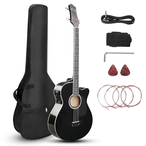 Ktaxon 4 String Acoustic Bass Guitar, Full Size Bass Guitar Kit with Portable Guitar Bag, Premium Cable, Wrench, Strap, Plectrum (Black)