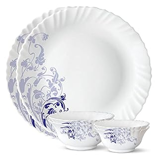 Larah by Borosil Blue Eve Silk Series Opalware Dinner Set | 6 Pieces for Family of 2 | Microwave & Dishwasher Safe | Bone-Ash Free | Crockery Set for Dining & Gifting | Plates & Bowls | White