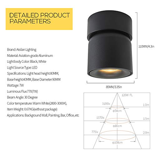 Image of Aisilan LED COB Adjustable Dimmable Ceiling Spotlight Accent Lamp Surface Mounted Downlight 9W 3000K Black Aluminum Spotlight for Hallway Corridor Gallery Kitchen Living Room