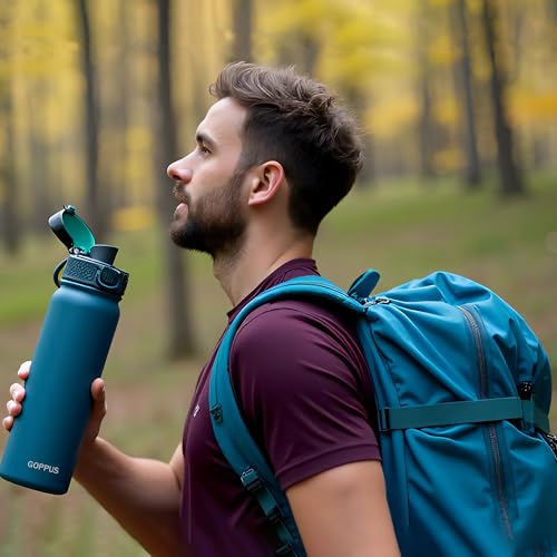 Image of GOPPUS Insulated water bottle 20 oz Stainless Steel Water Bottle BPA-Free Sports Water Bottles, Great for Travel,Silicone Spout Lid- Leak & Sweat Proof with Anti-Dust(blue green)