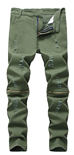 Fredd Marshall Boy's Slim Fit Skinny Ripped Distressed Zipper Jeans Pants With Holes,Army Green,8 #TOP18