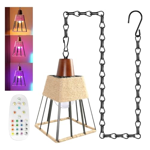 ZRLXFM Colgante Lampara sin Cable con Mando a Distancia, Pantalla de Cuerda de Cáñamo Tejida a Mano, de 100cm Cadena de Ajustable, E27/E26 Lampara Exterior Techo a Pilas