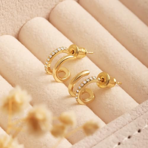 Risamilo Gold Earrings for Women Dainty Cubic Zirconia Studs Small Hoops Lightweight Trendy Jewelry Gift3