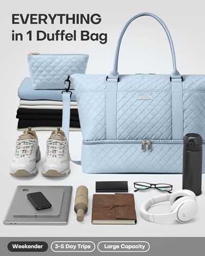 Image of HOTOR Travel Duffel Bag - Weekender Bags for Women, Carry On Gym Tote Bags | with Toiletry Bag & Shoe Compartment, Overnight Bag for Travel Essentials and Travel Accessories, Blue, 15.8 inchx18.1 inchx8.7 inch