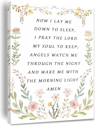 Image of Nursery Bedtime Prayer Baby Room Now I Lay Me Down to Sleep Wildflower Canvas Wall Art Christian Child's Prayer Print Bible Verse Painting Home Decor Baptism Gifts for Girl Framed 12 * 18 inch