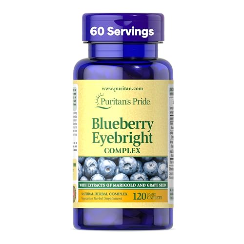 Puritans Pride Premium Blueberry Eyebright Complex with Extracts of Marigold and Grapeseed Dietary Supplement for Antioxidant Health 120 Coated Caplets