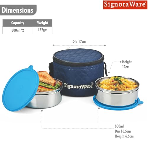 Image of SignoraWare Big Meal Stainless Steel Container Set | Airtight & Leakproof | Durable & Rust-Free | Ideal for Office, School, Home & Outdoor Use (800ml+800ml | Set of 2 | TBlue)