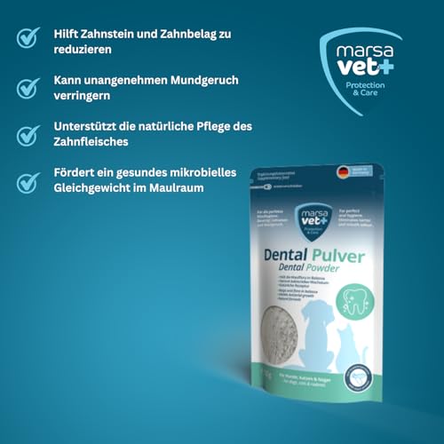 Marsavet Dental Pulver – Zahnpflegemittel für Hunde, Katzen, Nagetiere mit Insektenprotein. Zahnreinigung ohne Stress, Hundezahnbürste und Zahnpasta. Beseitigt Zahnstein, Zahnbelag, Maulgeruch - 125 g