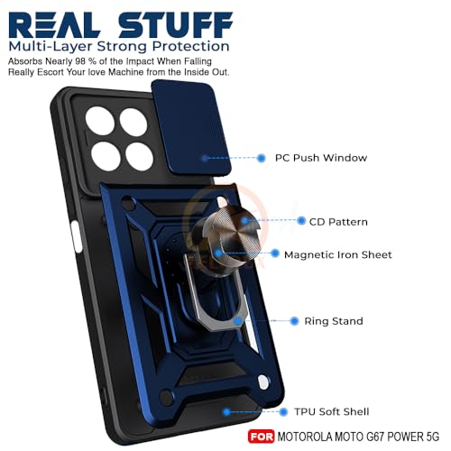 Image of Armor Bumper Back Cover Case for Motorola Moto G67 Power 5G / G57 Power 5G Rotating Camera Cover, Ring Holder & Kickstand | Heavy Duty & 360 Degree Protection Back Cover (Blue)