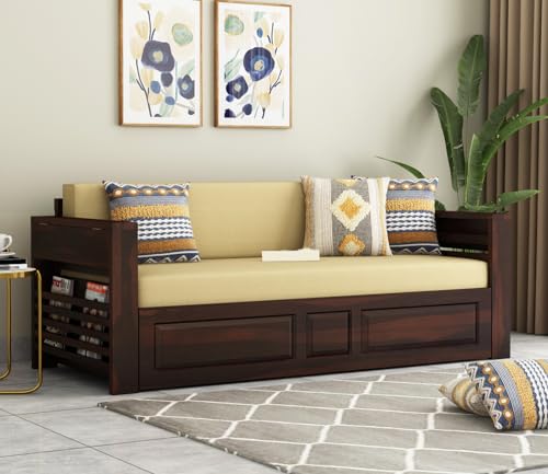 Image of Mamta Furniture Solid Wood Foster 3 Seater Sofa Cum Bed for Living Room | Three Seater Sofa Bed for Home | Sofa Com Bed | Sheesham Wood (Light Walnut Finish)