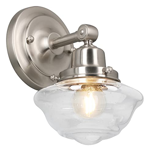 Image of Design House Vintage-Inspired Schoolhouse Wall Sconce, 6.625 in x 7.625 in x 9.5 in, Satin Nickel, Clear Seeded Glass Shade, 589127-SN