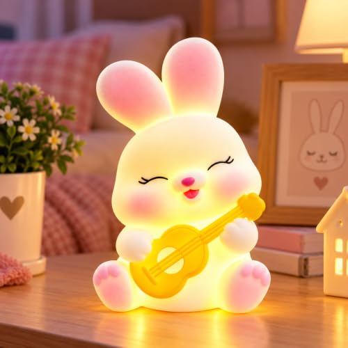 Image of Cute Bunny Night Light Lamp Battery Operated Table and Desk Decorations Gift Pandas (Guitar Bunny)