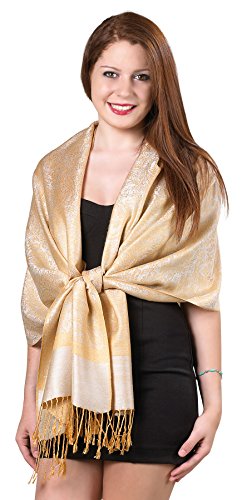 Gilbin Luxurious Paisley Design 28 x 70 Silk Blend Pashmina Shawl Wrap (Gold)
