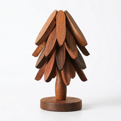4 Stück Topfuntersetzer Holz Baum Design Faltbare Untersetzer für Heiße Töpfe Pfannen mit Ständer Hitzebeständige Tischuntersetzer Küche Dekorative Geschenk Idee für Weihnachten Wohnkultur