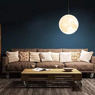 OSALADI Moon Pendant Lights 3D Print Moon Lamp Remote Control Moon Ceiling Ball Shape Pendant Lamp Chandelier for Home Restaurant Hotel (13cm Wood+Hanging Rope)