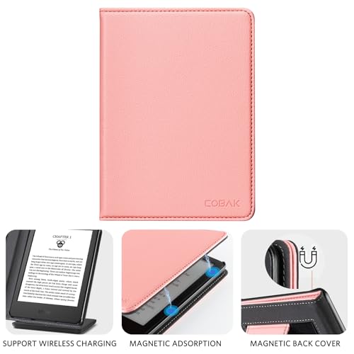 Image of CoBak Case for 6 inch E-Reader - PU Leather Smart Cover with Auto Sleep /Wake & Hand Strap, not Compatible with Kobo Clara,Lychee Pink