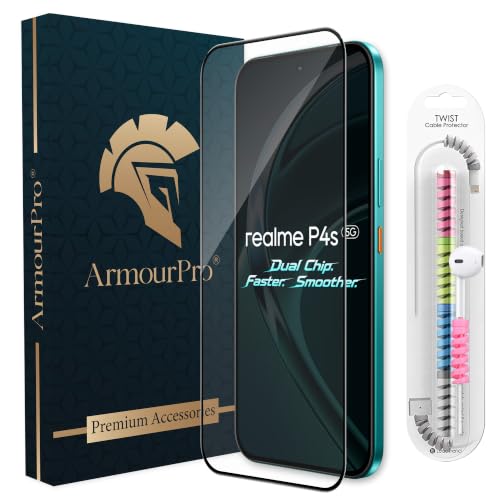 Image of ArmourPro Military-Grade Tempered Glass for Realme P4s - 9H Anti Scratch, Edge-to-Edge Coverage, HD Clarity, Smooth Touch, Case Friendly, Easy Installation Kit with Cable Protector