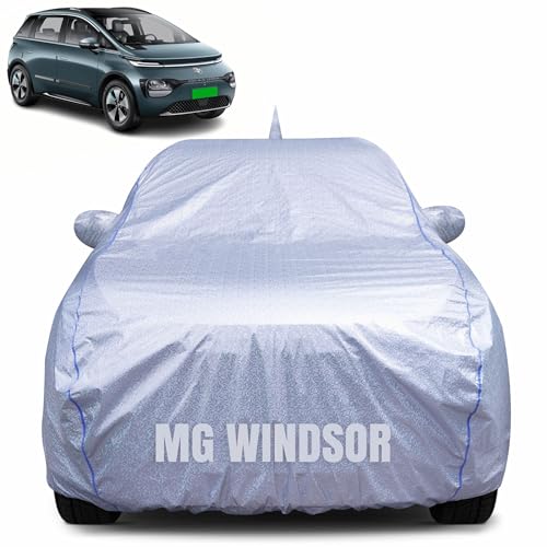 Image of 100% Waterproof Car Body Cover for MG Windsor (2024-2025) with Mirror Pocket, Heat & UV Resistant, Triple Stitched, Soft Lining, Bottom Elastic & Piping (Silver Reflective)