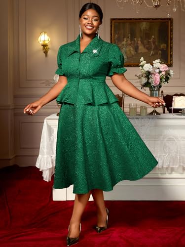 AOMEI Summer 2 Piece Formal Outfits for Women Floral Jacquard Button Down Peplum Top A Line Midi Wedding Guest Skirt Sets4