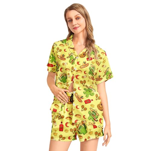 Image of Funny Pajamas for Women Set Print Satin Loungewear Pjs Short Sleeve Button Down Top and Shorts Sets Sleepwear XS-3XL