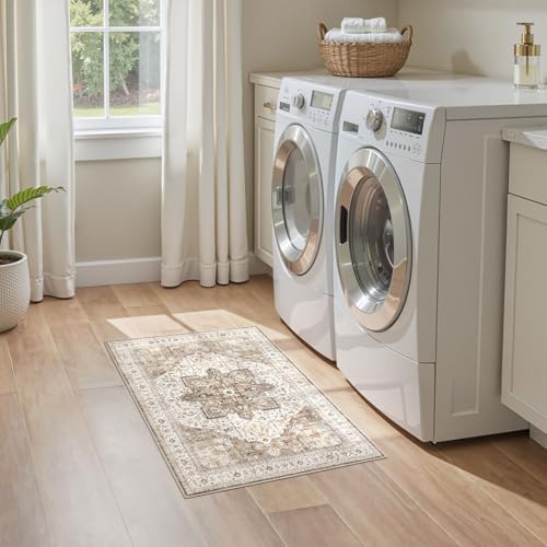 Tortania Area Rug 2x3 Doormat - Washable Vintage Oriental Farmhouse Soft Thin Indoor Carpet for Living Room Bedroom Hallway Entryway Kitchen - Brown