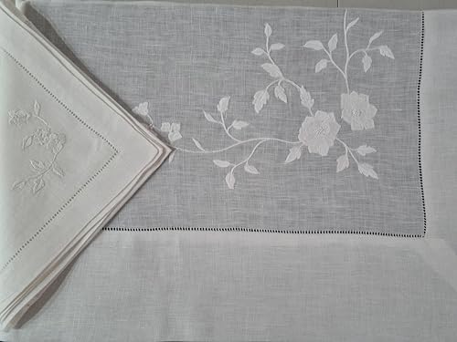 Generico Nappe brodée en pur lin 12 places 185 x 280 cm blanche, Nappe rectangulaire, Nappe de table