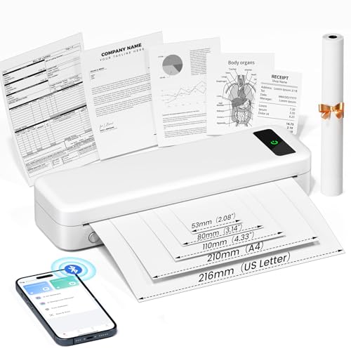 TATTMUSE Mobiler Drucker A4 für Unterwegs, Tragbarer Drucker Thermodrucker A4 Kompatibel mit Windows/macOS/iOS/Android, 300dpi Monochromer Reisedrucker für Hause, Lernen, Weiß