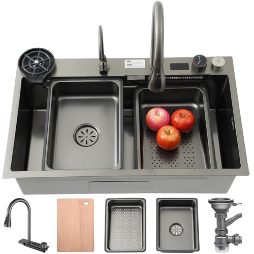 OMGMTSTORE Fregadero de cocina de 75 x 50 cm, acero inoxidable con pantalla de visualización, 1 plato, gran espacio de trabajo con tabla de cortar, sifón, juego de desagüe y exceso