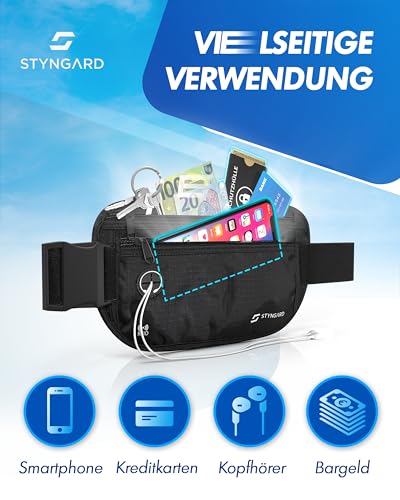 Flache Bauchtasche diebstahlsicher RFID Schutz - Geldgürtel zum Umhängen - Reise Bauchtasche mit Diebstahlschutz - Brustbeutel Damen und Herren Sport - STYNGARD - Modell Madrid