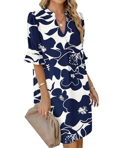 AUSELILY Robe Femme Chic et Elegant décontractée Robe Chemise à Manches Courtes et col en V Ample Robes Femme ete avec Poches Marine Fleur Éclatante L