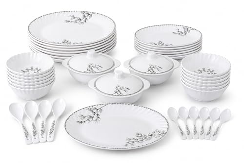 Image of Melvio By Malti 18 Pcs Dinner Set for Dining & Serving | Premium Melamine Crockery Set with Dinner Plates, Quarter Plates, Bowls, Serving Bowl, Lid & Spoons | Microwave & Dishwasher Safe