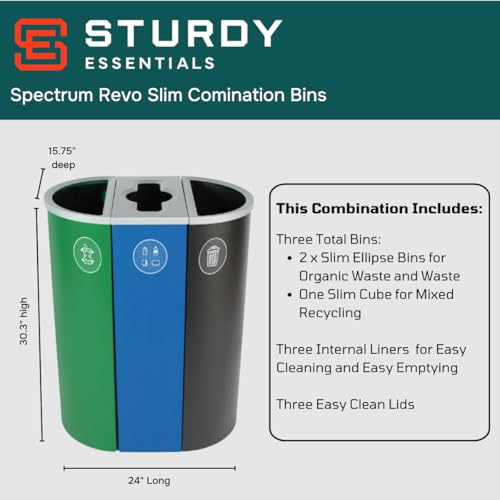 Sturdy Essentials Spectrum Revo Trash and Recycling System Powder Coated Steel Used for Commercial Spaces, Businesses, Offices, Hotels, Apartments - Organic Waste + Mixed Recycling + Waste Slim Units