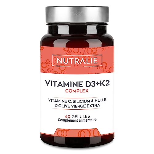 Vitamine D3 K2 (MK7) Haute Dose 10000 UI - Vit C + Huile d'Olive - 20 Mois Traitement - Os Muscles Système Immunitaire - Vitamine D BIO-disponible avec Vitamine K2 C et Silicium - 60 Gélules NUTRALIE