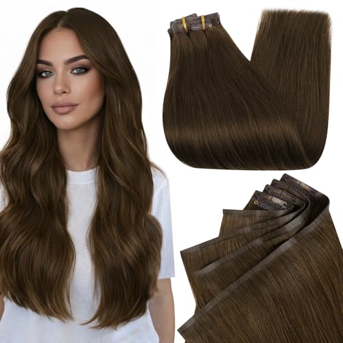 Image of Full Shine Seamless Clip in Human Hair Extensions, Medium Brown (Color 4), Invisible PU Weft, Dense Volume Coverage for Medium to Thick Hair, 22 Inch 160g 8 Pcs