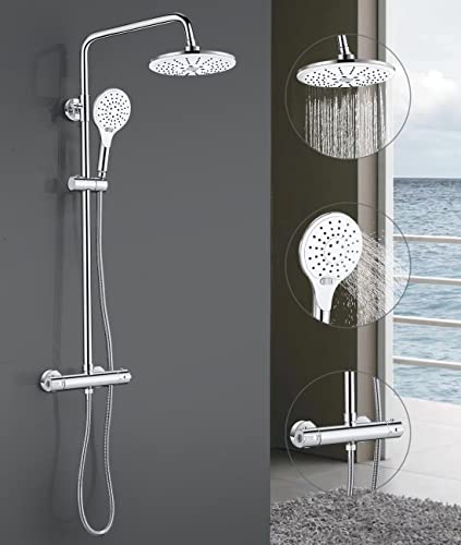 Solepearl Thermostat Shower System, Wall Mounted Circular Chrome Bathroom Shower Mixer with Rainfall Shower Head, Handheld Shower, Wall Rail, Water-Saving, Scalding Protection